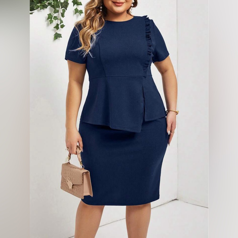Pre-Owned Navy Blue SHEIN Lady Ruffled Short Sleeved Top and Slimming Skirt
